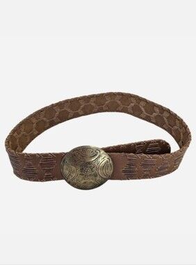 Chico's Brown Embossed Leather Belt Large Brass Concho Buckle OS